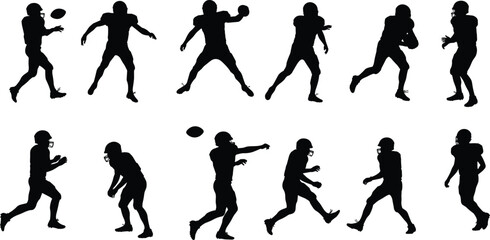 Silhouette American football players action poses, running passing catching ball, outdoor sport competition, teamwork training, athletic strength, game strategy motion