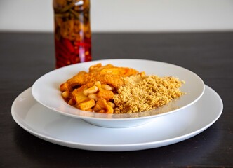 A classic Brazilian dish known as dobradinha, prepared with beef tripe, white beans, and tropical spices, served with traditional farofa made from toasted cassava flour.
