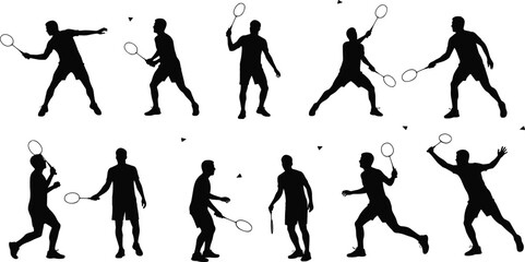 Silhouette badminton players performing shots, hitting shuttlecock with racket, sports action poses, competition training, athletic movement, fitness practice, game illustration sequence design