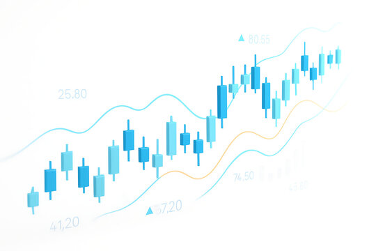 A clean 3d stock market chart with candlestick data, showing financial growth and trending fluctuations on a white background - Powered by Adobe