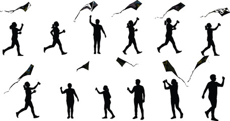 Silhouette children flying kites, outdoor activity, summer fun, recreation, playful lifestyle, freedom, sport leisure, happy kids, festival celebration, sky games