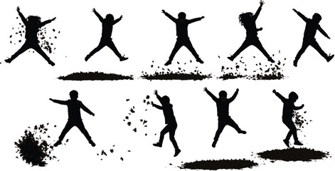 Silhouette children jumping in autumn leaves, playing outdoors, happy kids enjoying seasonal fall activity, fun joyful movement, nature playful lifestyle illustration