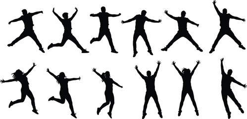 Silhouette group of people jumping in air, freedom energy, active lifestyle, joyful dance movement, happy celebration, vitality expression, success