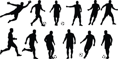 Silhouette of football players performing various soccer actions with ball, running, kicking, training, competitive sports movement, professional athlete illustration design