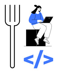 Woman sitting with a laptop, black fork icon, and blue coding brackets. Ideal for programming, tech careers, innovation, coding culture, digital learning, modern technology simple flat metaphor