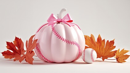 Pink pumpkin decorated with baseball stitching and bow surrounded by autumn leaves and a baseball on white background