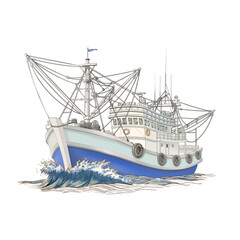 Thai Fishing Boat and Ocean Waves – Hand Drawn Impressionist Style Illustration