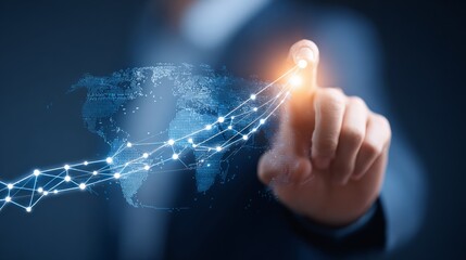 A visionary business leader with a finger poised to connect the world, creating the global digital network. Capturing the essence of connection, digital transformation, and the future of innovation.