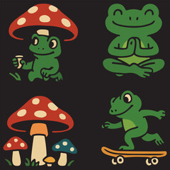 Obraz premium Skater Frog and Mushroom Cartoon Bundle,Cute Meditation & Toadstool Vector Set