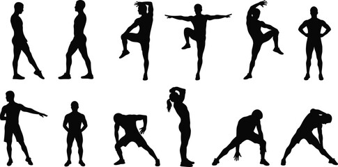 Silhouette of people doing fitness workout poses, stretching exercise collection, body training movement illustration, gym sport activity, black vector on white background