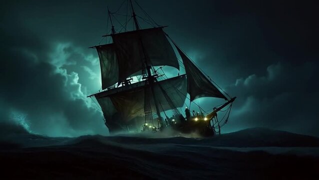 Legendary Flying Dutchman ghost ship sailing through stormy sea waves in a dark and mystical style, representing folklore and adventure