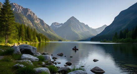 Peaceful Mountain Lake Scene with Couple Kayaking Amidst Majestic Peaks and Lush Green Forests