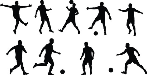 Silhouette of soccer players practicing football skills, action poses, dribbling, kicking ball, training illustration, sports teamwork, fitness movement, athletic competition design