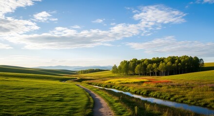 Obraz premium Serene Landscape with Winding Path, Lush Green Hills, and Reflective River Under a Bright Sky