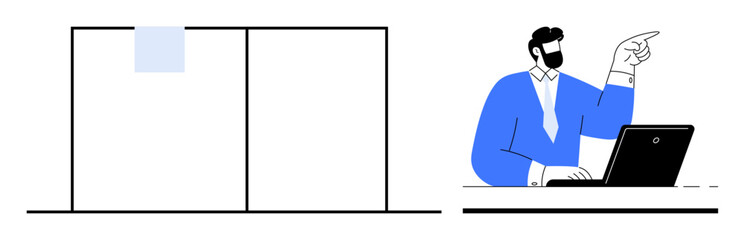 Businessman in suit gesturing while working at a laptop, alongside a simple whiteboard. Ideal for professional communication, leadership, education, collaboration, presentation, training, simple flat