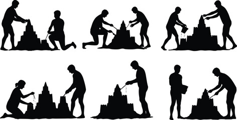 Silhouette people building sandcastle on beach, teamwork creativity leisure activity, summer holiday fun, children and adults playing together, family bonding