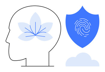Outline of human head with blooming flower inside, shield with fingerprint, and cloud. Ideal for mindfulness, mental health, cybersecurity, identity protection, technology, self-growth privacy