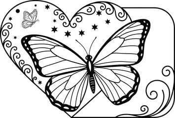 Butterfly heart illustration, nature symbolism design, intricate insect artwork, black and white vector, graceful pattern drawing, monochrome sketch, decorative elements concept