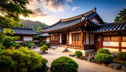 Korean Traditional House with Garden, Sunset, Historic Building, and Asian Culture.