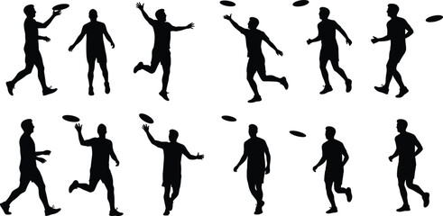 Silhouette people playing frisbee outdoors, summer leisure activity, fitness exercise fun, active lifestyle game, teamwork recreation, throwing catching disc sport