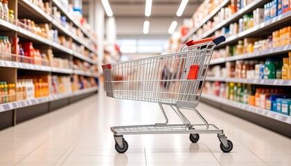 Empty shopping cart in a grocery aisle