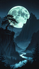 Majestic full moon over a serene mountain valley with a winding river and silhouetted trees at night
