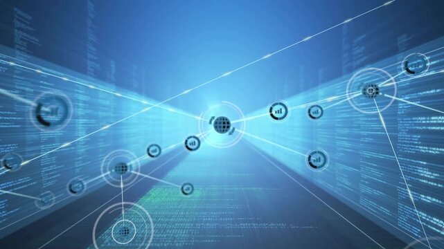 Glowing sphere initiating beams linking icons and forming expanding network toward blue portal