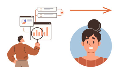 Businessperson examining data charts and filters with magnifying glass, connected to smiling user avatar. Ideal for data analytics, user-centric design, marketing, customer analysis, workflow