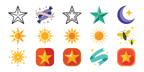 Collection of celestial and magical elements including stars suns moon and butterfly
