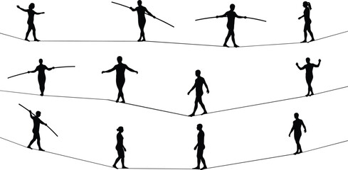 Silhouette tightrope walkers balancing with pole on high rope, circus acrobat training, extreme risky performance challenge, balance practice dangerous stunt © Mim's World