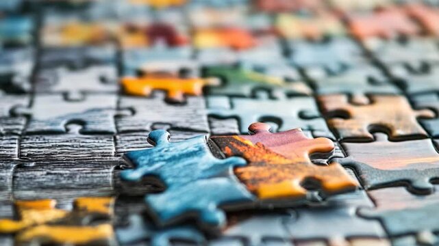 Colorful interlocking puzzle pieces close-up during assembly