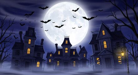 A spooky Halloween scene with haunted houses and bats flying in front of a large full moon.
