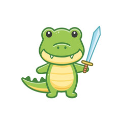 Fototapeta premium A cartoon alligator holding a sword, ready for adventure. A friendly cartoon crocodile with a sword
