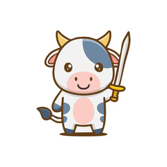 A cute cartoon cow holding a shining sword, standing proudly with a smile