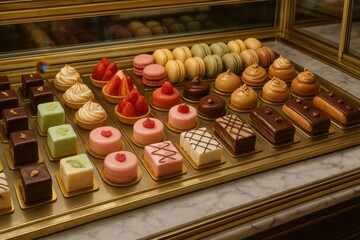 Artisanal French patisserie display featuring exquisite petit fours and gourmet desserts in elegant glass showcase with professional bakery presentation