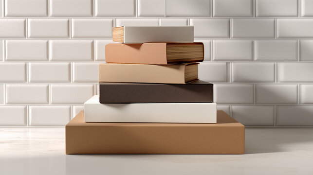 
A stack of cream, orange, and brown zines mockup placed against a white wall, featuring clean layout and vibrant modern tones.