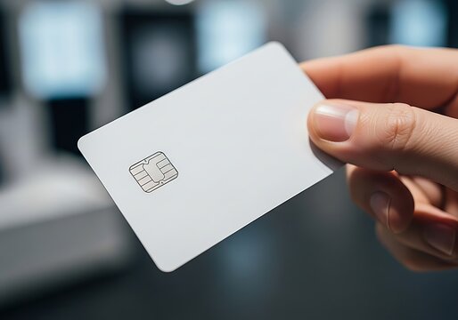 A Person Is Holding A Blank White Credit Card Featuring An EMV Chip, Indicating Modern And Secure Financial Transactions. Ideal For Banking Concepts.