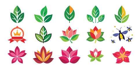 Collection of Green Leaf and Flower Vector Icons for Nature and Garden