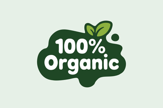 100 percent organic logo badge with green leaf, vector eco-friendly seal for natural product packaging