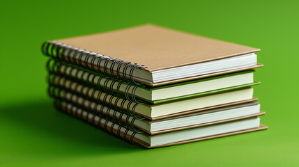 Stacked spiral notebooks on a green background with a clean and organized look.
