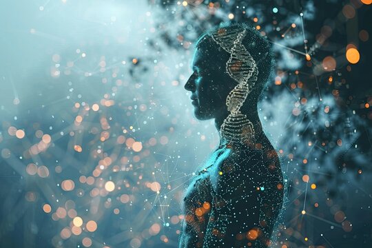 Man DNA genetic of human on virtual interface, communication with ai concept.