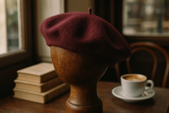 Classic French beret in deep burgundy wool displayed on vintage mannequin head against rustic backdrop - Powered by Adobe