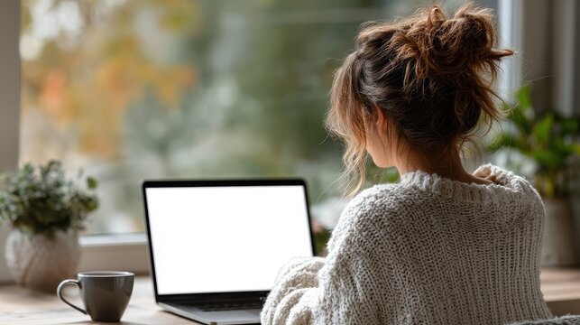 Woman with red hair works at laptop by window on desk at home in daytime