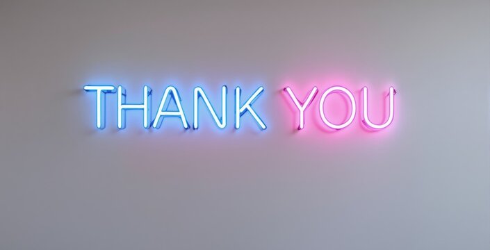 Neon THANK YOU sign glowing in blue and pink lights on minimalist wall background, expressing gratitude in a modern artistic concept style. Ai generative