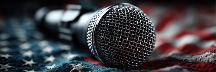 Microphone resting on an American flag captures the spirit of a patriotic event or celebration in a dramatic setting