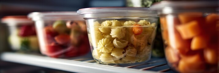 Close-up of soup in plastic containers on refrigerator shelf, with baby vegetables and pasta beside, cold interior light