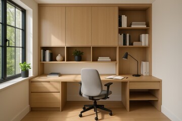 Contemporary home office study space with ergonomic furniture and abundant natural lighting for productivity