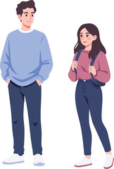 Fototapeta premium Young man and woman standing casually in comfortable clothing with backpacks and relaxed posture in modern vector illustration 