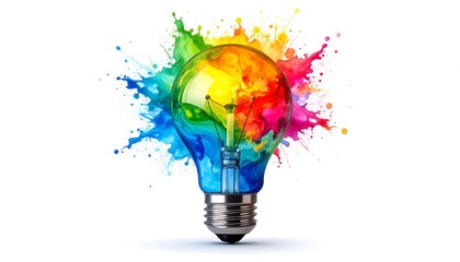 Colorful lightbulb exploding with vibrant paint splashes