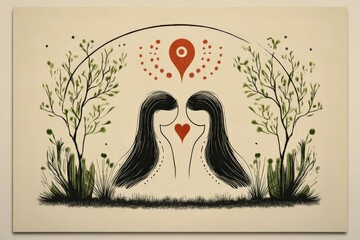 Abstract art of two women with heart and nature elements